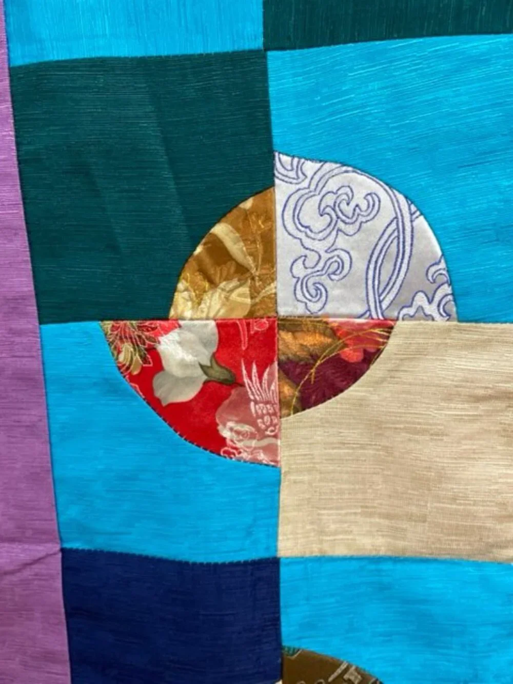 Table Runner Silk Blend‎ Patchwork Colorful Circular Pattern & Pink Reversible